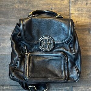 Tory Burch Black Pebbled Leather Logo Backpack